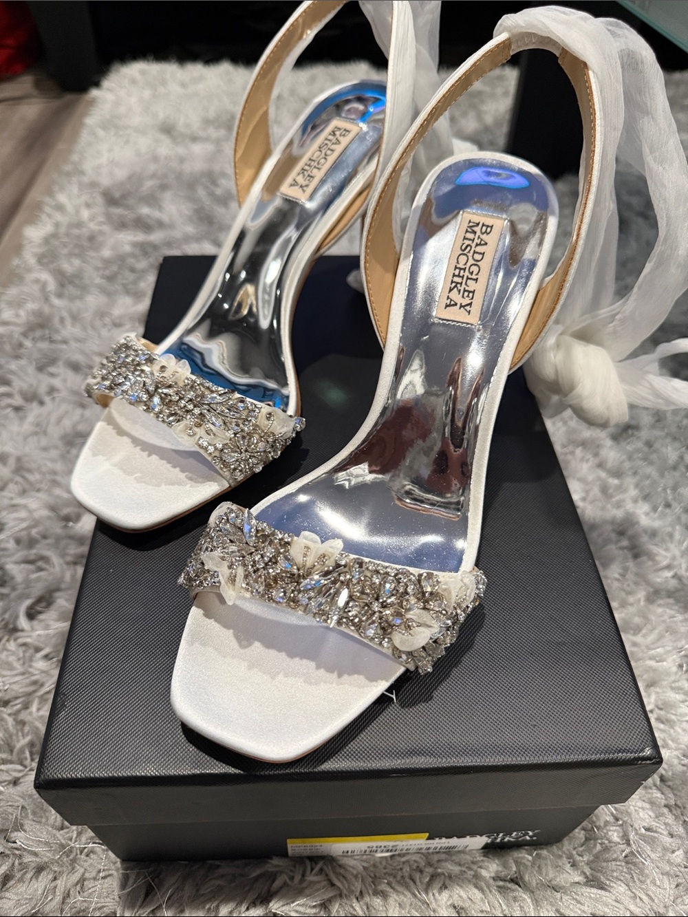Badgley Mischka White Crystal-Embellished Satin Heels